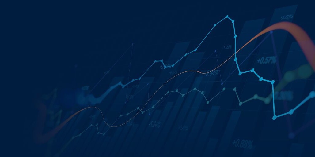 Widescreen Abstract financial graph with uptrend line and bar chart of stock market on blue color background